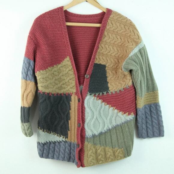 Vintage XS S Cardigan Cable Knit Patchwork Chunky Cottagecore Whismsigoth Cozy - Picture 1 of 12